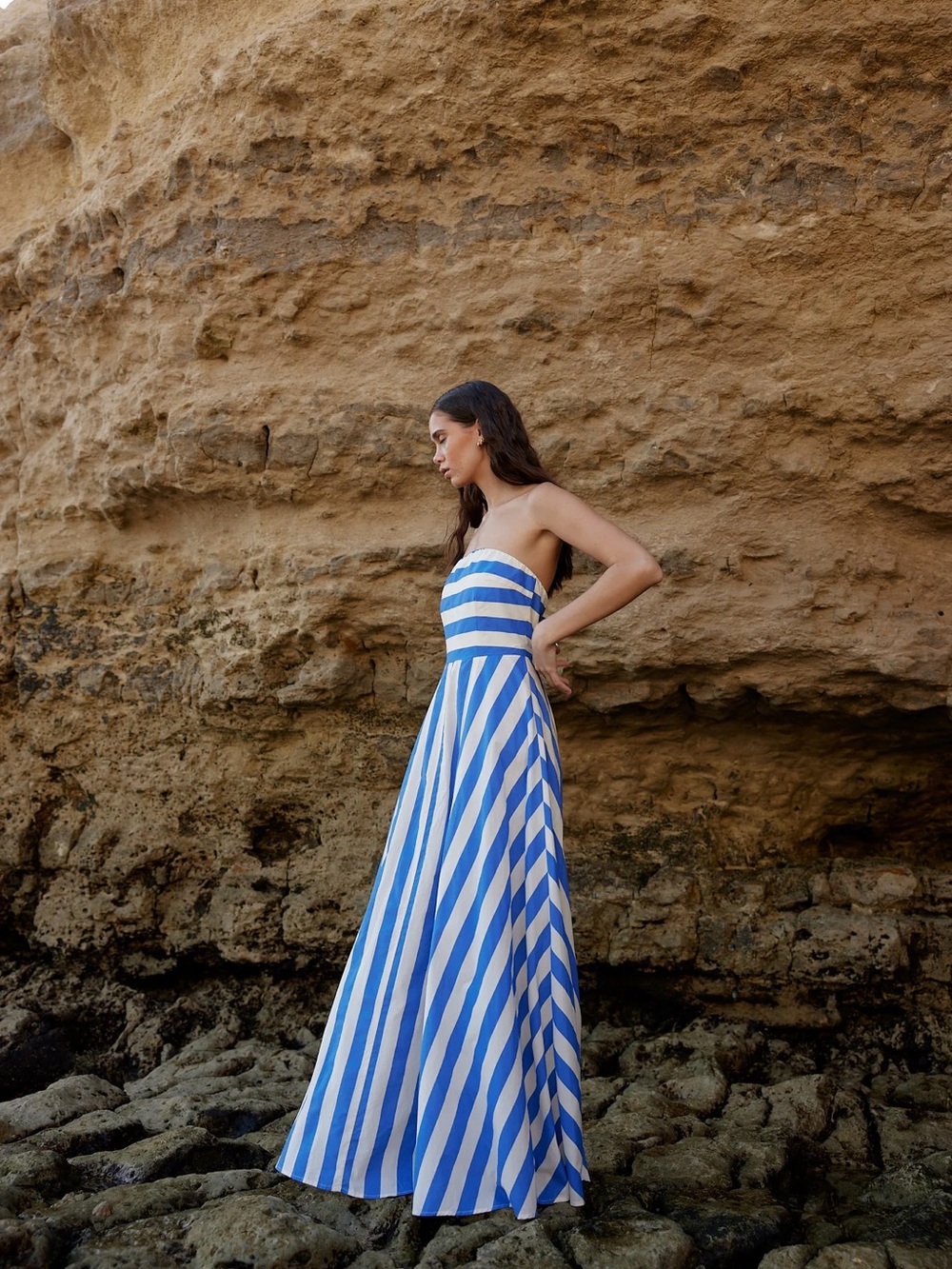Aston Studio Strapless Blue and White Striped Maxi Dress